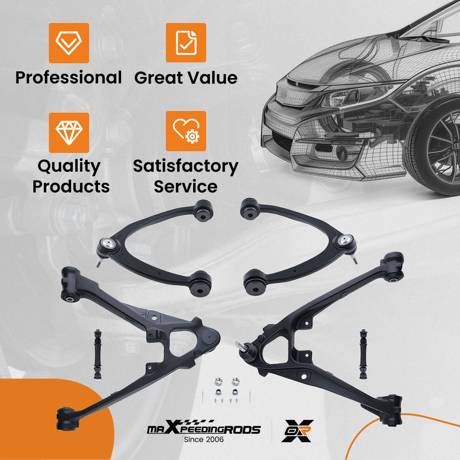 6x Front Upper Lower Control Arms compatible for Chevrolet Silverado 2007 2008 2009 - 2013