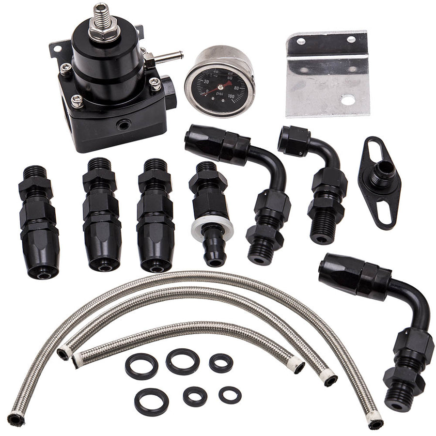 Universal Adjustable Fuel Pressure Regulator Kit + 100psi Gauge -6AN Black andRed