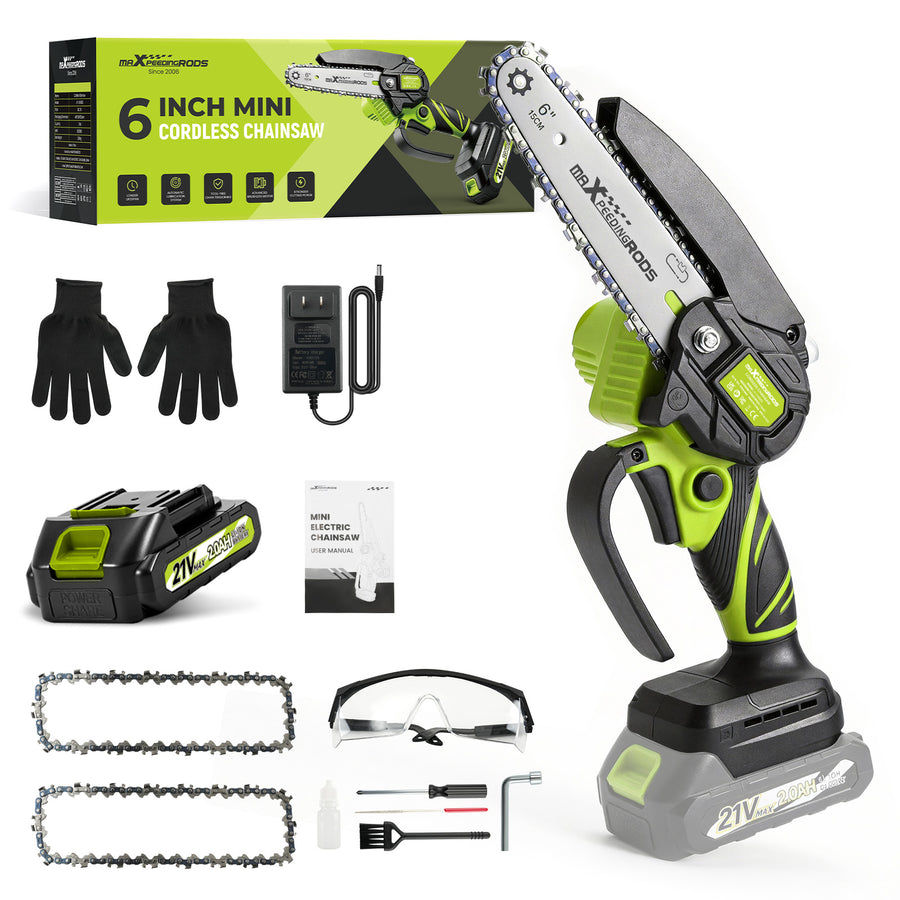 6-Inch Mini Cordless Chainsaw, Handheld Electric Saw with Battery, 2 Chains for Tree TrimmingWood Cutting