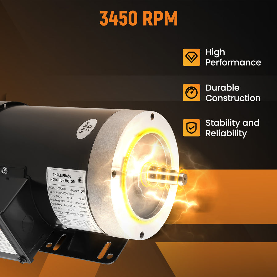 2HP Electric Motor 3450 RPM Compressor Duty 56CFrame 3 Phase 5/8 Shaft 230/460V
