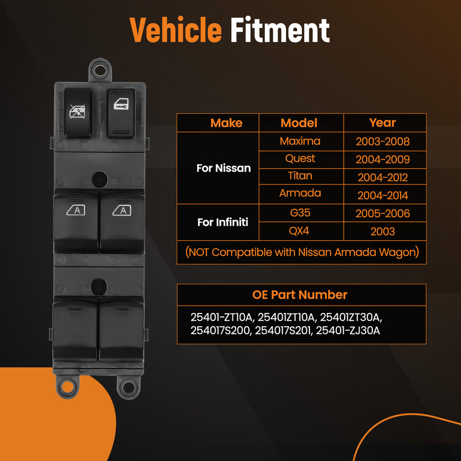 Black Master Power Window Control Switch compatible for Nissan Armada 2004-2014 25401-ZT10A